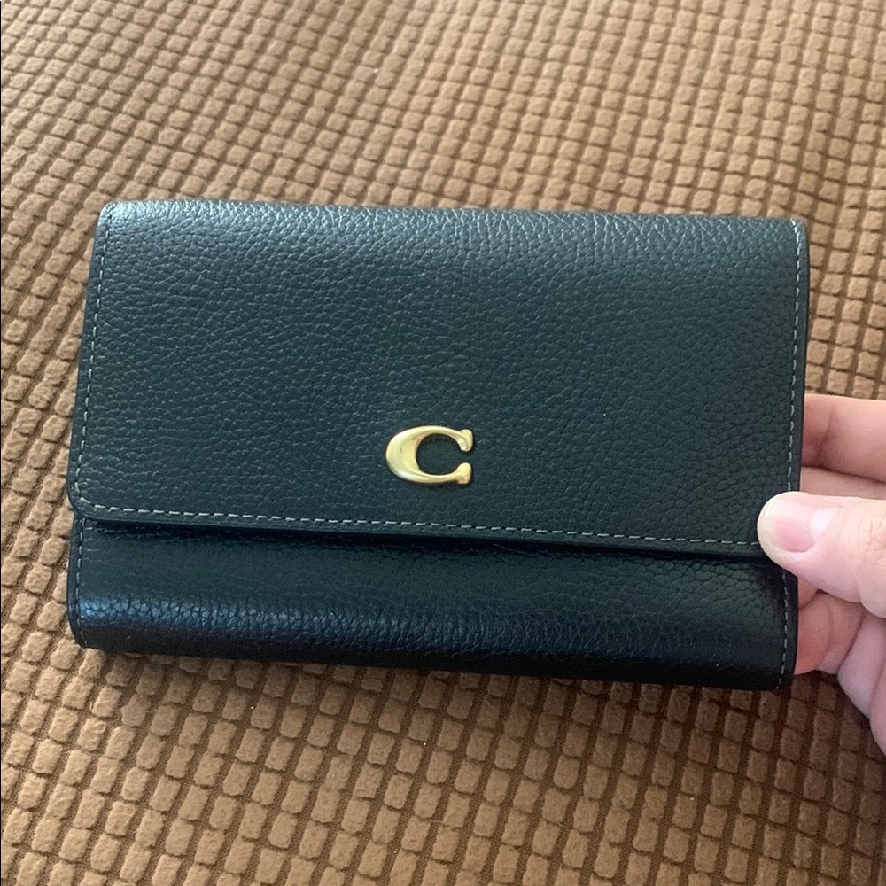Coach Black Leather Key & Card Holder with Gold C Accent